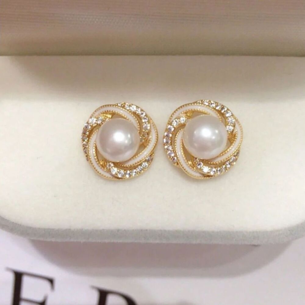 Classic White Pearl Gold Swirl Zirconia Crystal Stud Earrings Round Gemstone